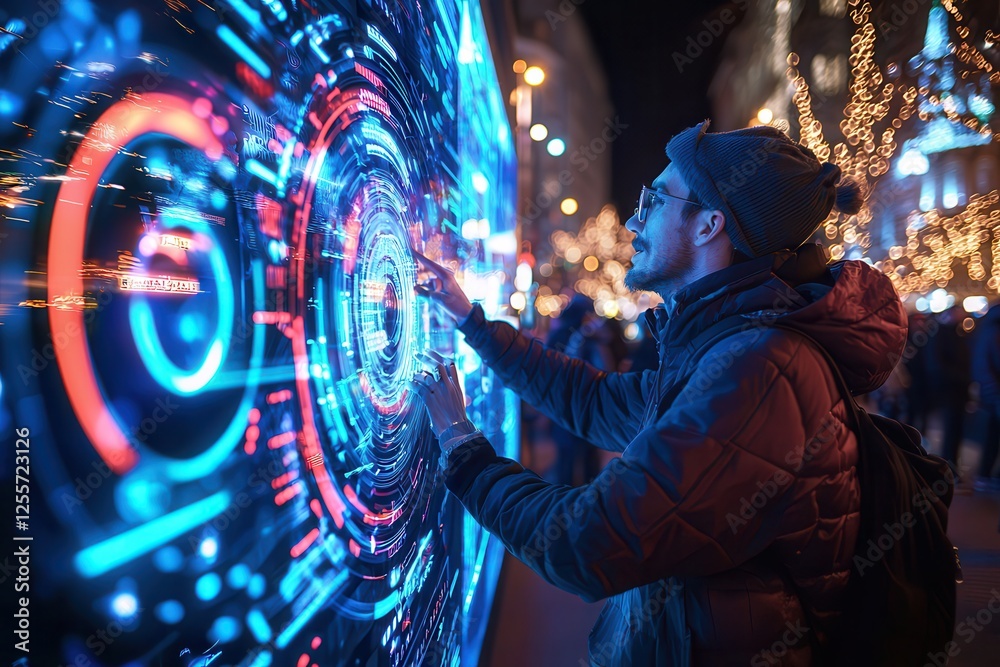 Fototapeta premium mobile business operations. Interactive digital display with a person engaging at night.