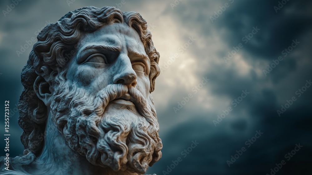Ancient deity portrait in fine art photography style depicting zeus against dramatic sky Ancient deity portrait in fine art photography style depicting zeus against dramatic sky