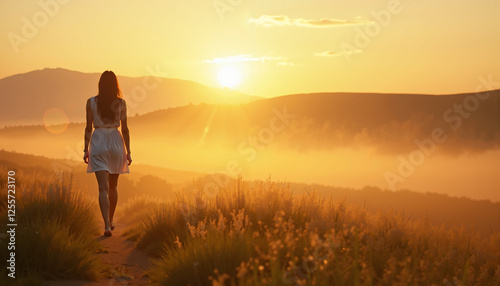 Woman in White Dress Walking at Sunset Serene Landscape Golden Hour