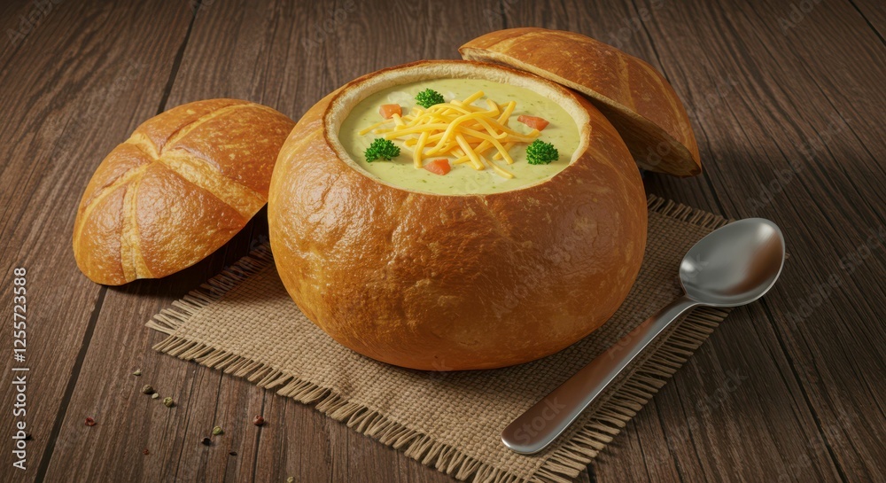 Creamy broccoli cheddar soup in a bread bowl on rustic wooden table Creamy broccoli cheddar soup in a bread bowl on rustic wooden table