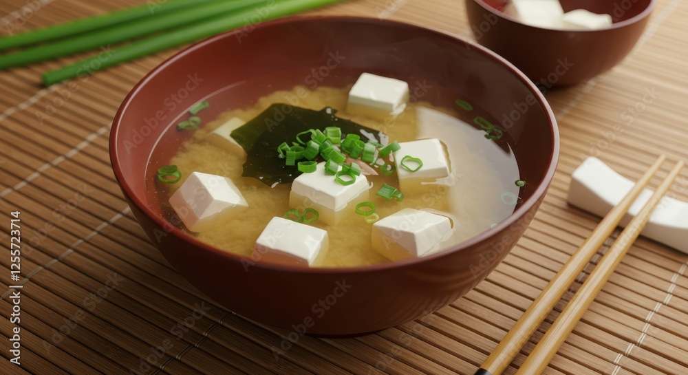 Miso soup with tofu, seaweed, and green onions in a brown bowl on bamboo mat Miso soup with tofu, seaweed, and green onions in a brown bowl on bamboo mat