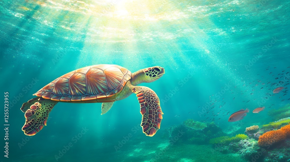 Fototapeta premium Sea Turtle Gracefully Swims Through Sunlit Ocean Depths