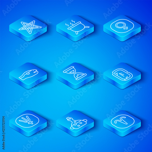 Set line Neptune planet, Old hourglass with sand, Poison in bottle, Magic runes, Venus, Snake, Pentagram and Aries zodiac icon. Vector