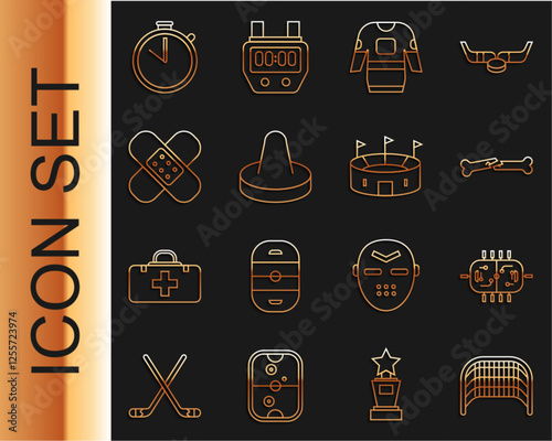 Set line Ice hockey goal, Hockey table, Human broken bone, jersey, Mallet for playing air, Crossed bandage plaster, Stopwatch and stadium icon. Vector