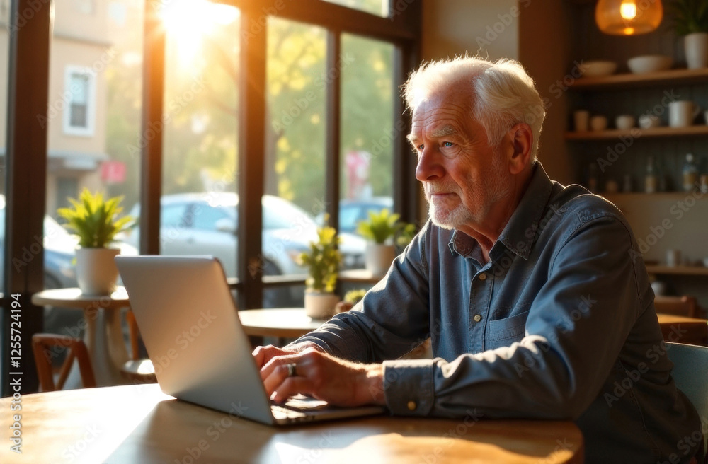Happy elderly man working in coffee shop using laptop. Internet technology concept. Happy elderly man working in coffee shop using laptop. Internet technology concept.