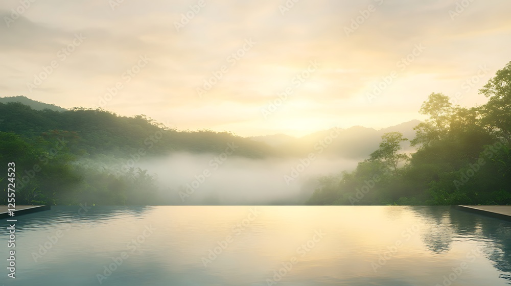 Fototapeta premium A serene sunrise over misty mountains reflects off a tranquil pool, creating a peaceful and scenic atmosphere.