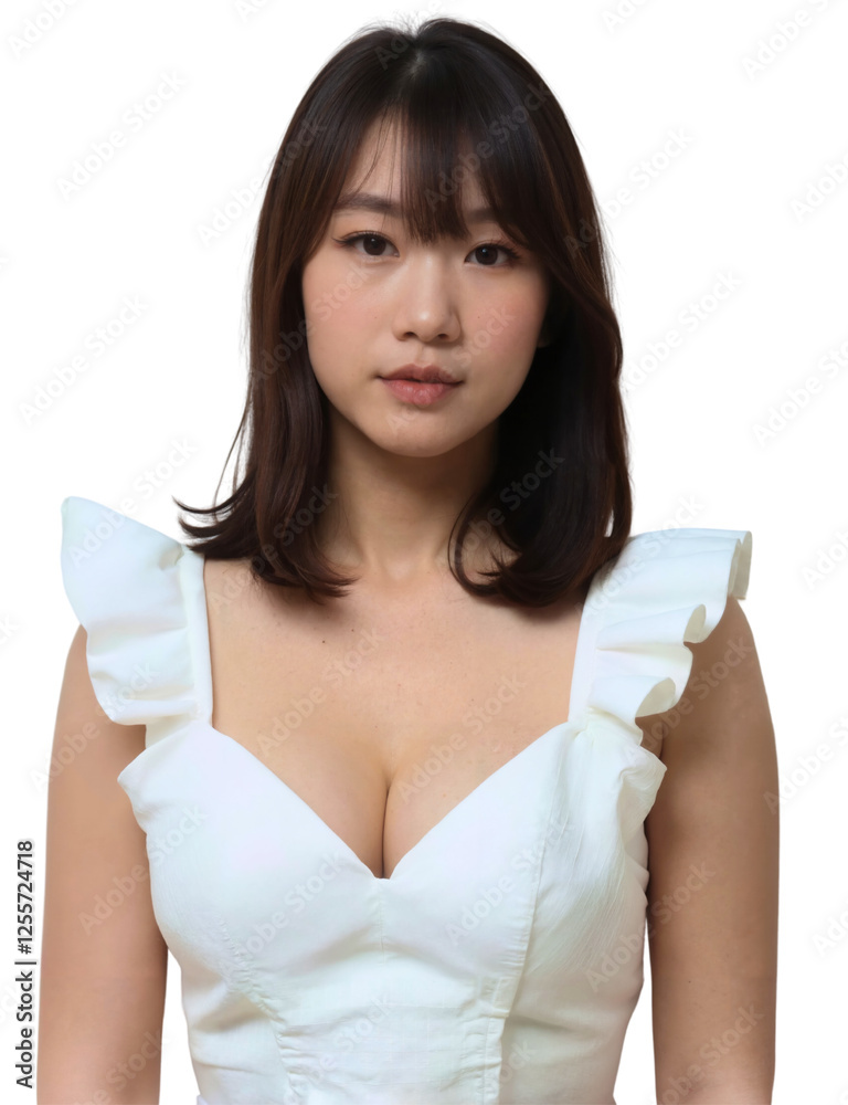 Asian woman with long, straight hair, wearing a white off-shoulder dress with buttons, against a white background. Asian woman with long, straight hair, wearing a white off-shoulder dress with buttons, against a white background.