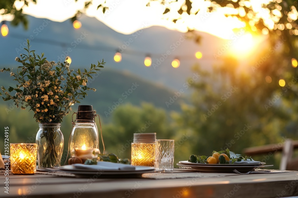 Outdoor dining setting at sunset with lanterns and fresh food in a peaceful natural landscape Outdoor dining setting at sunset with lanterns and fresh food in a peaceful natural landscape
