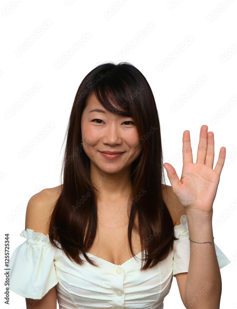 A smiling Asian woman with shoulder-length hair, wearing a white off-the-shoulder top, waves against a white background. A smiling Asian woman with shoulder-length hair, wearing a white off-the-shoulder top, waves against a white background.