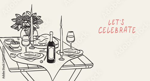 Romantic dinner poster, banner or placard. Wine and flower bouquet drawing for birthday or wedding party invitations. Served table for two, couples, family dinner in restaurant, cafe or home.