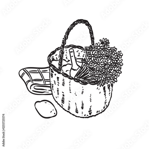 Outdoor park picnic doodle vector illustration. French or italian summer rural lunch with basket and wine. Hand drawn snack or rest meal, lemon, blanket and bouquet of flowers. Romantic date doodle.