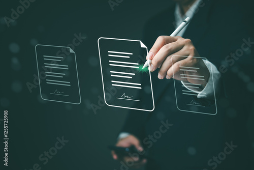 Electronic document signing, digital signature authentication, futuristic paperless agreement, secure online contract processing, business e-signature, legal document approval system.