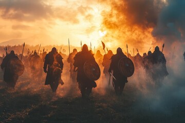 Barbarian raiders attacking medieval settlement at dawn.