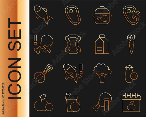 Set line World Vegetarian day, Eggplant, Carrot, Cooking pot and chicken leg, Leather, No, Fish and Paper package for milk icon. Vector