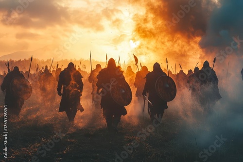 Barbarian raiders attacking medieval settlement at dawn.