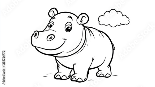 Cute hippo coloring page, kid's drawing, cartoon animal, simple line art, for educational activities photo