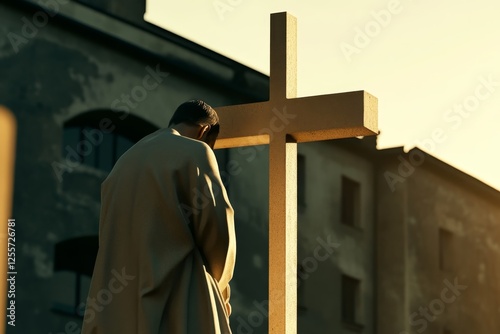 Spiritual reflection at sunset with a figure beside a cross in an urban setting photo