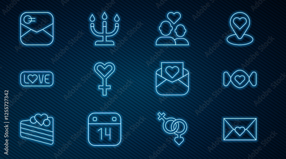 Set line Envelope with Valentine heart, Candy, Lover couple, Female gender symbol, text, and Candlestick icon. Vector Set line Envelope with Valentine heart, Candy, Lover couple, Female gender symbol, text, and Candlestick icon. Vector
