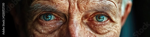 A detailed look at a person's facial features, with bright blue eyes