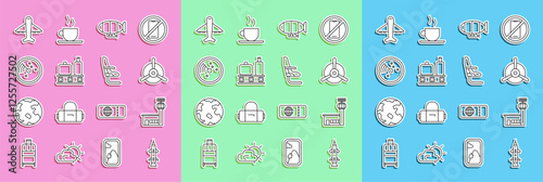 Set line Rocket, Airport control tower, Plane propeller, Airship, conveyor belt with suitcase, Radar targets monitor, and Airplane seat icon. Vector