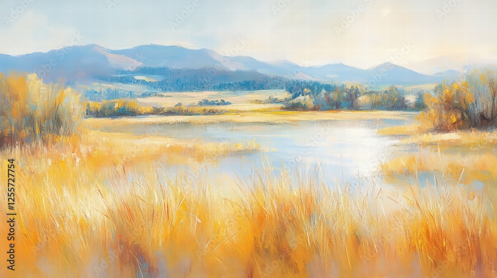 Serene Landscape with Golden Grasses and Tranquil Water Reflection Serene Landscape with Golden Grasses and Tranquil Water Reflection