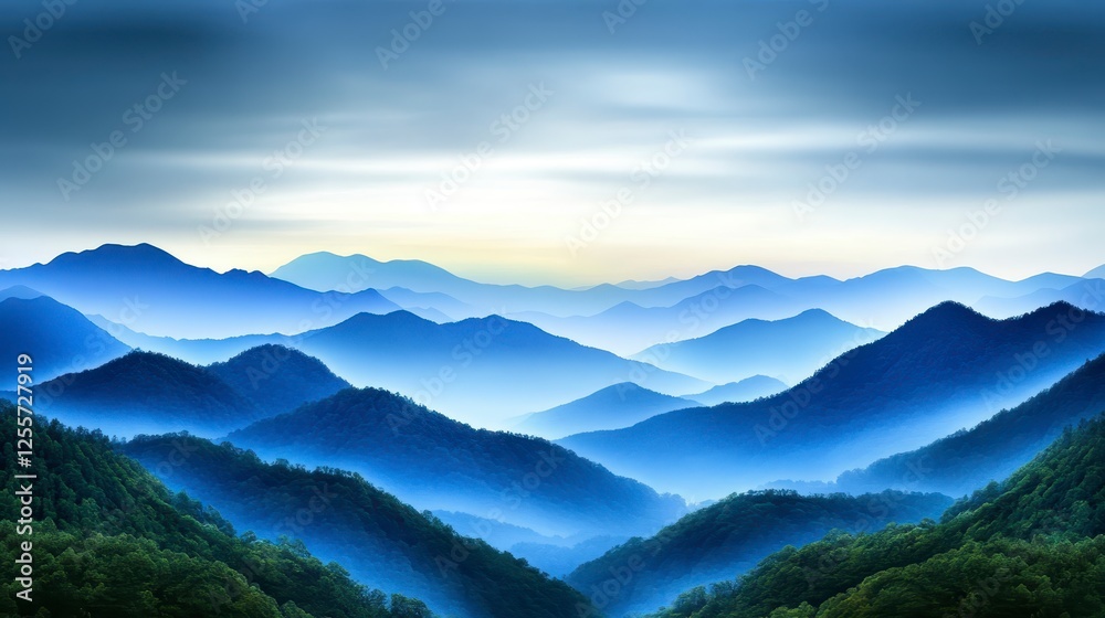 Vast mountain range, misty blue hues, layered peaks, soft light, tranquil scene, misty morning, lush green valleys, panoramic view, serene landscape Vast mountain range, misty blue hues, layered peaks, soft light, tranquil scene, misty morning, lush green valleys, panoramic view, serene landscape