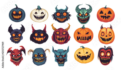 Cartoon monster tiny beasts faces vector set. Small toothy horned monsters furious gourd plant vegetable skull, fiends devils terror evil creepy avatars, isolated on white backdrop
