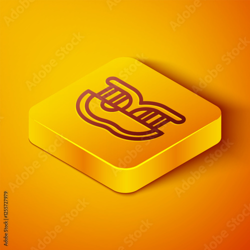 Isometric line Genetically modified meat icon isolated on orange background. Syringe being injected to meat. Yellow square button. Vector