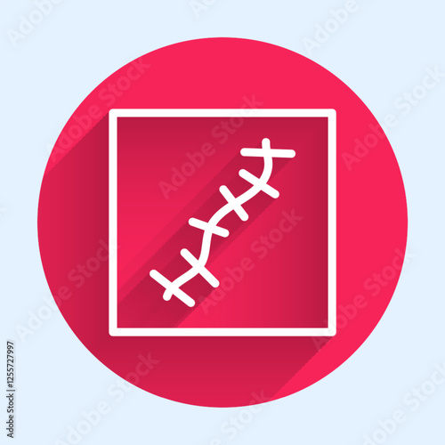 White line Scar with suture icon isolated with long shadow. Red circle button. Vector