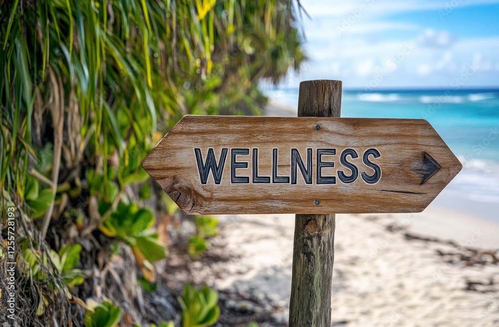 Wooden wellness signpost on tropical beach. Wooden wellness signpost on tropical beach.