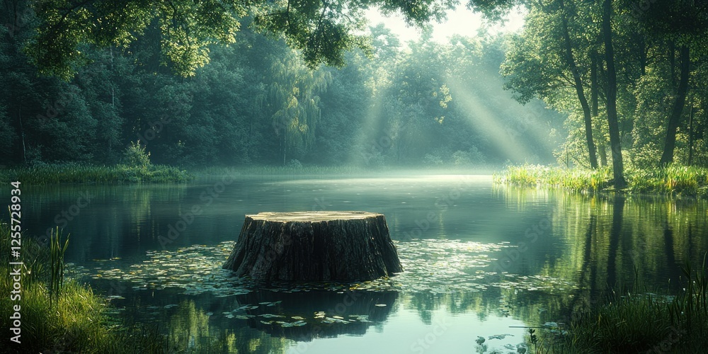 Fototapeta premium Serene Forest Lake with Sunbeams and Tree Stump