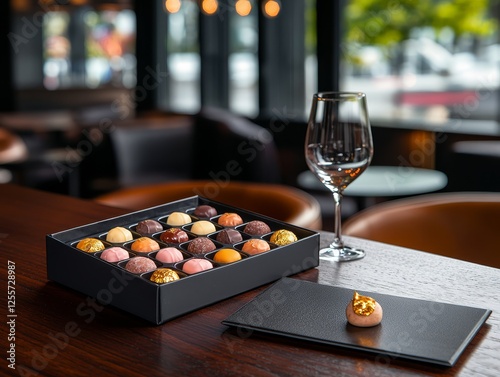 Exquisite table setting glass of fine wine paired with tray of assorted chocolates for luxurious treat photo