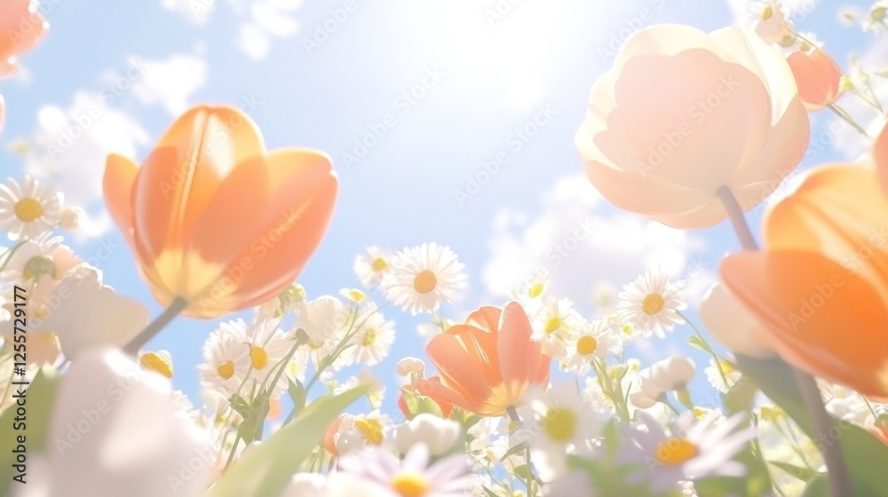 Tulip and daffodil flowers in sunny field with blue sky background, spring season Tulip and daffodil flowers in sunny field with blue sky background, spring season