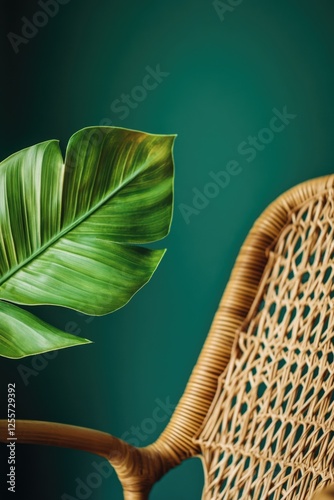 A chair with a large green leaf attached to it, suitable for interior decoration or gardening themes photo