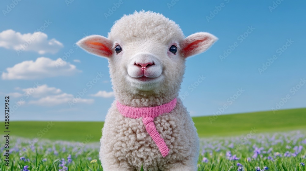 Fototapeta premium Adorable Lamb in a Sunny Field Surrounded by Flowers with a Clear Blue Sky