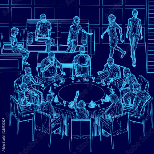 A group of people are sitting around a table in a restaurant. Scene is social and relaxed