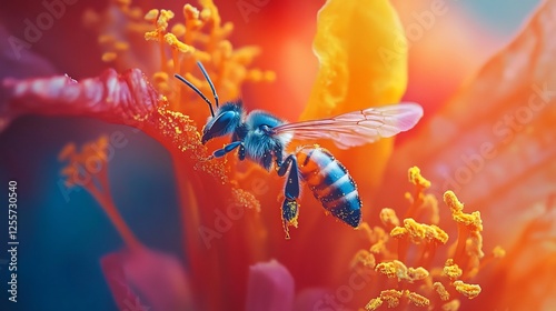 Vibrant bee pollinating hibiscus flower, vibrant colors, close-up, natural background