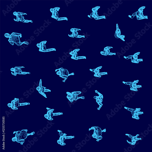 A blue background with many people in various poses. The people are all wearing blue and are in different positions. The image has a lively and energetic feel to it