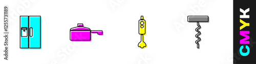 Set Refrigerator, Frying pan, Blender and Wine corkscrew icon. Vector