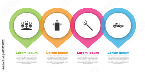 Set Wheat, Can container for milk, Garden pitchfork and Pickup truck. Business infographic template. Vector