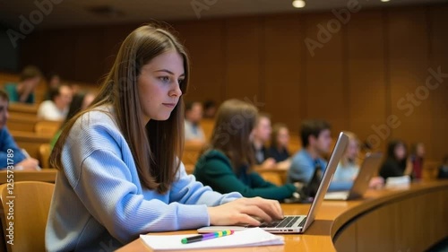Young Caucasian female college student typing on her laptop while sitting in a lecture hall