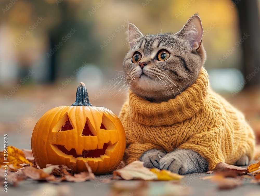 Cute cat in yellow sweater with pumpkin for autumn celebration and festive design Cute cat in yellow sweater with pumpkin for autumn celebration and festive design