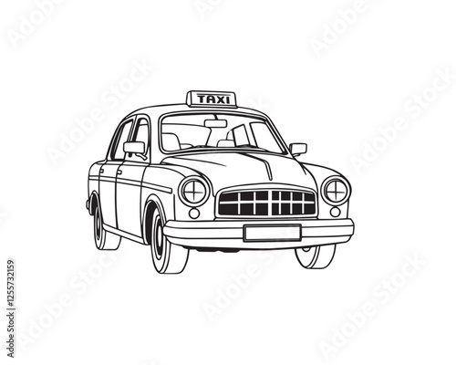 Line art illustration of a taxi, strong hard light, layered papier-mâché texture, black and white, sculpted look, harsh shadows, clear background, easy to color, Vector.