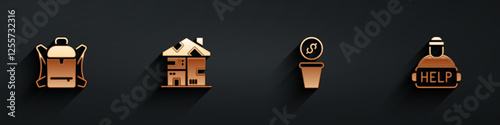 Set Hiking backpack, Homeless cardboard house, Donation money and Help homeless icon with long shadow. Vector