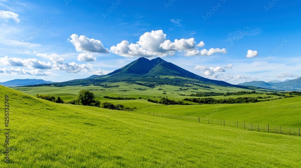 Panoramic view of a lush green valley and a volcanic peak beneath a vibrant blue sky speckled with fluffy white clouds. The foreground displays Panoramic view of a lush green valley and a volcanic peak beneath a vibrant blue sky speckled with fluffy white clouds. The foreground displays
