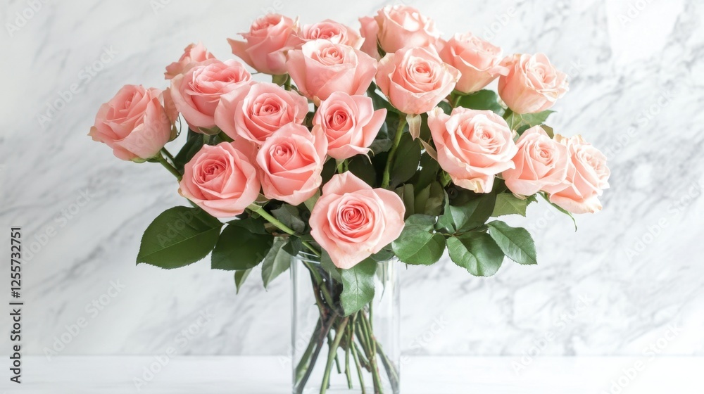 Obraz premium A bouquet of soft pink rose flowers in a clear vase placed on a white table, with negative space around.