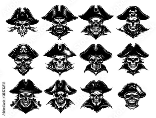Corsair hat pirate skulls engraving vector set. Jolly roger cranium human dead head bone raider freebooter outlaw maritime privateer rogue avatars, isolated illustration on white backdrop