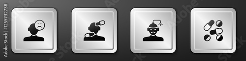 Set Sad and depressed man, bad mood, Sedative pills, Concussion, headache and Medicine or tablet icon. Silver square button. Vector