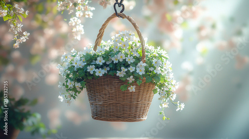 White flowers in hanging basket in dreamy garden