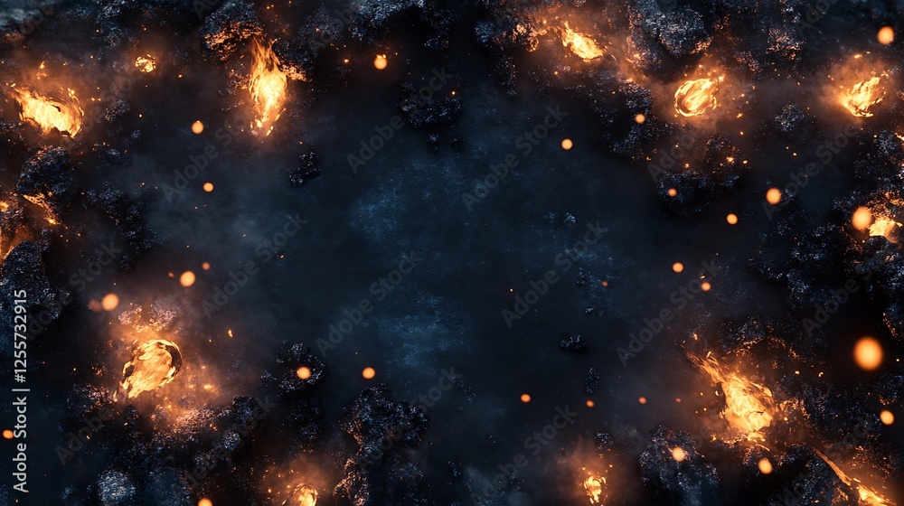 Fiery rocks frame dark space; game design Fiery rocks frame dark space; game design